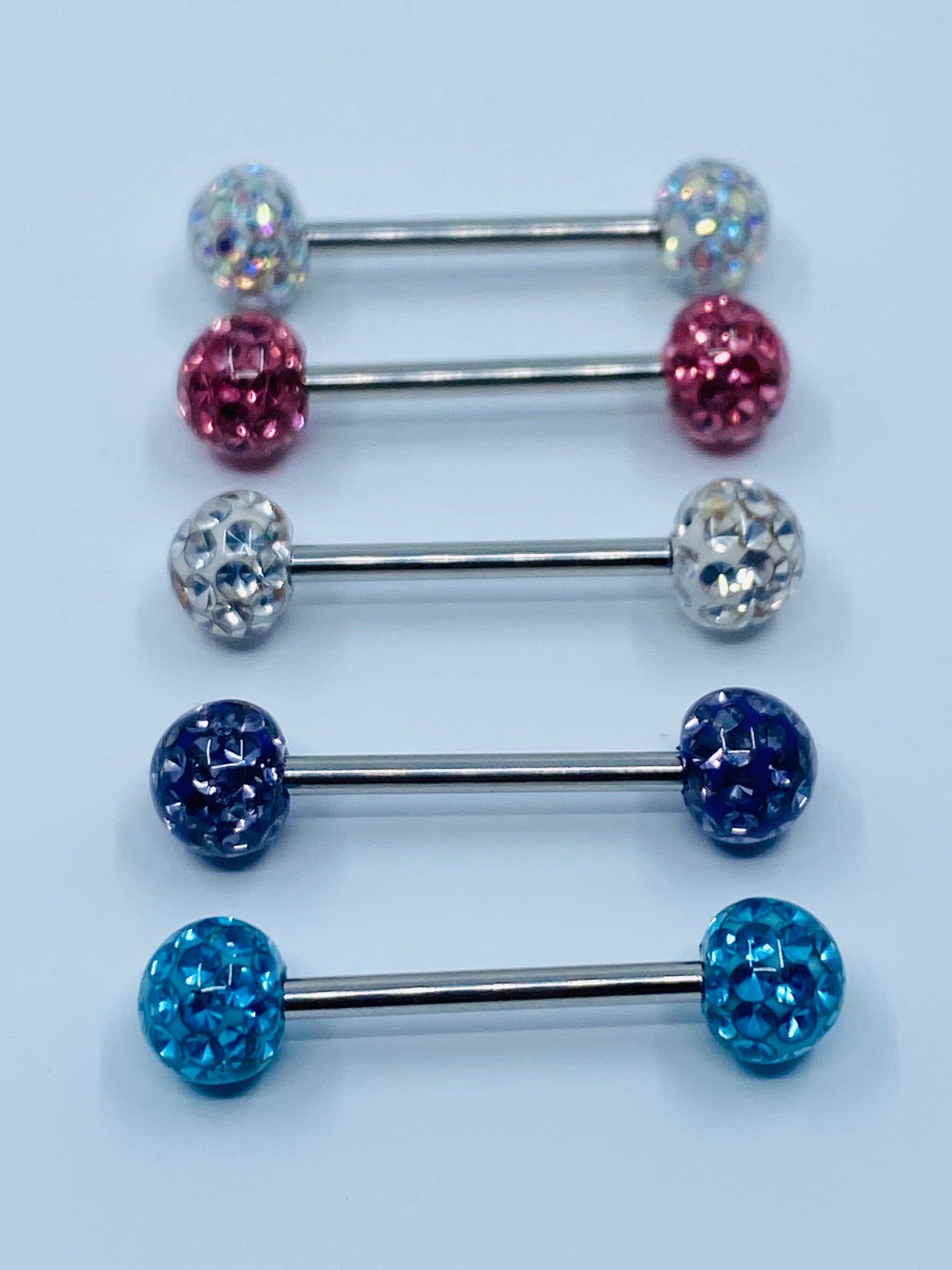 14G Internally Threaded Surgical Steel Epoxy Covered Crystals Nipple Barbells. Nipple Piercings. Nipple Rings. Nipple Jewelry.