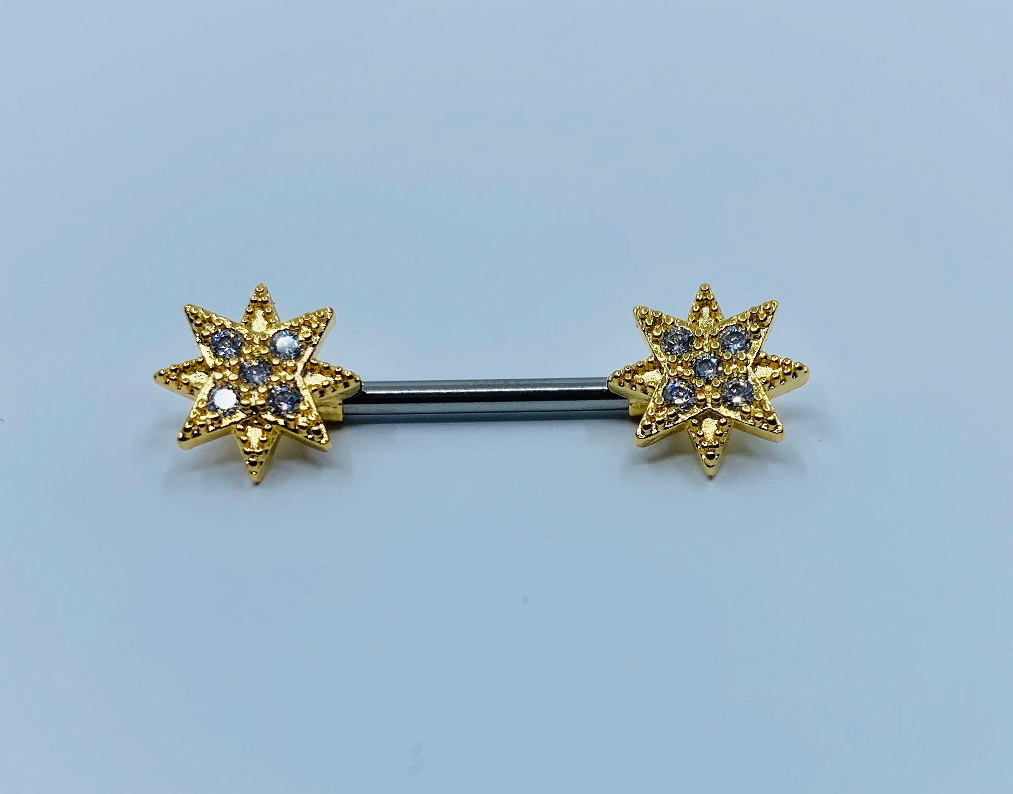 14G Clear Stones Starburst Ends Nipple Barbells. Nipple Piercings. Nipple Jewelry. Nipple Rings.