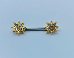 14G Clear Stones Starburst Ends Nipple Barbells. Nipple Piercings. Nipple Jewelry. Nipple Rings.