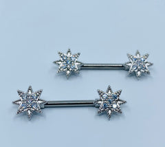 14G Clear Stones Starburst Ends Nipple Barbells. Nipple Piercings. Nipple Jewelry. Nipple Rings.