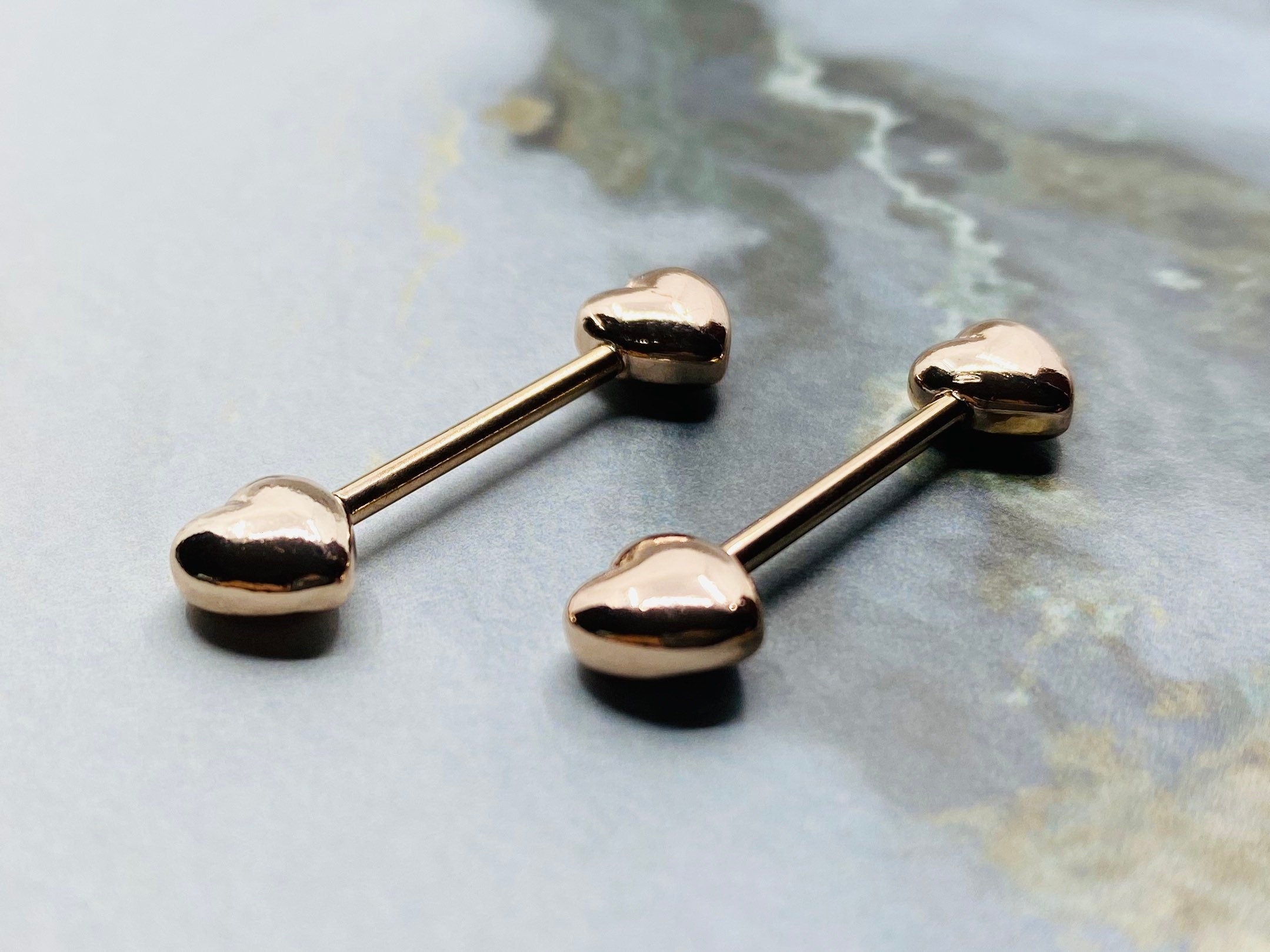 14G Rose Gold Classic Heart Shape Nipple Barbells. Nipple Piercings. Nipple Jewelry. Nipple Rings.