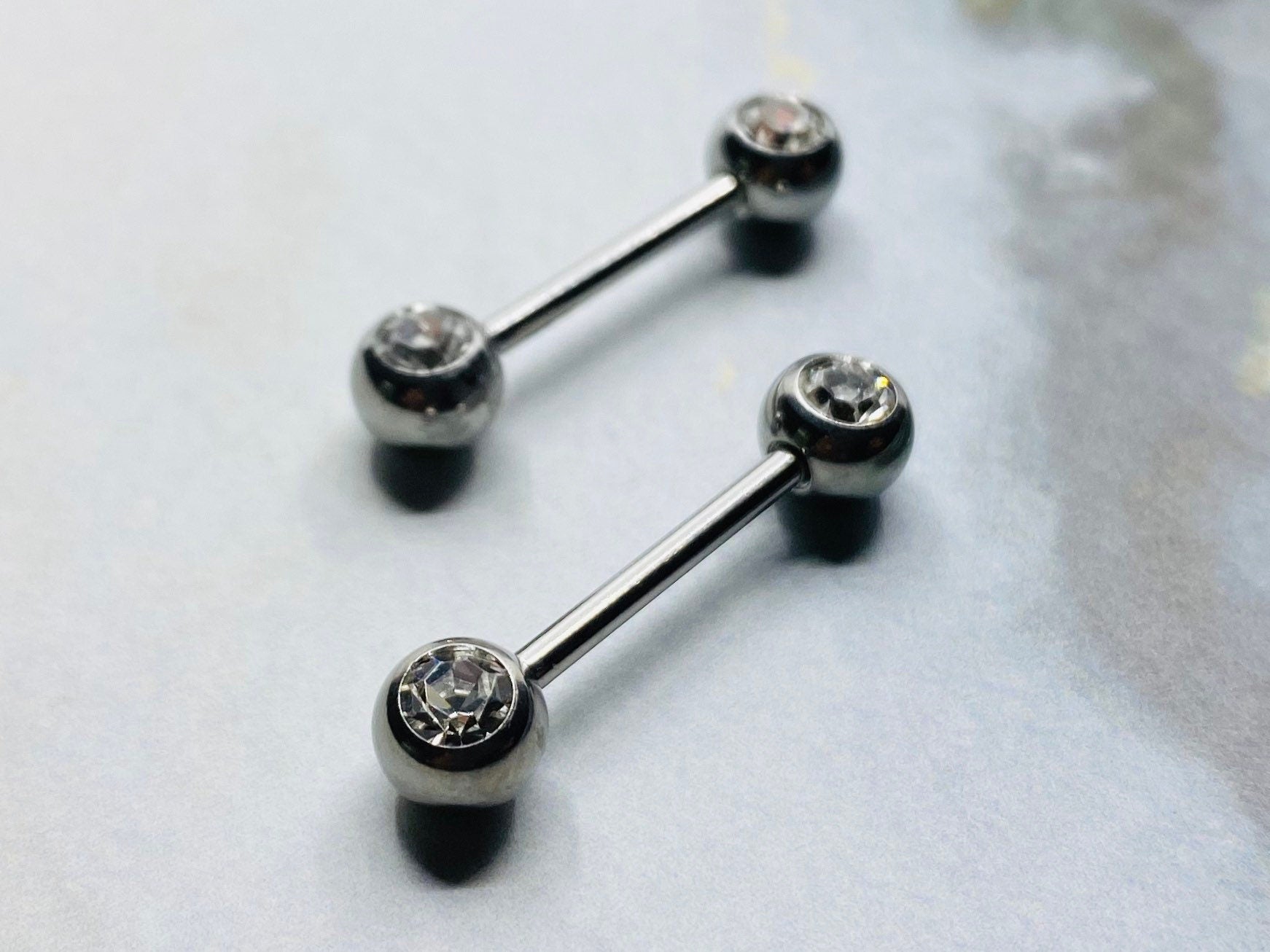 14G Classic Front Facing Clear Crystals Nipple Barbells. Nipple Piercings. Nipple Jewelry. Nipple Rings.