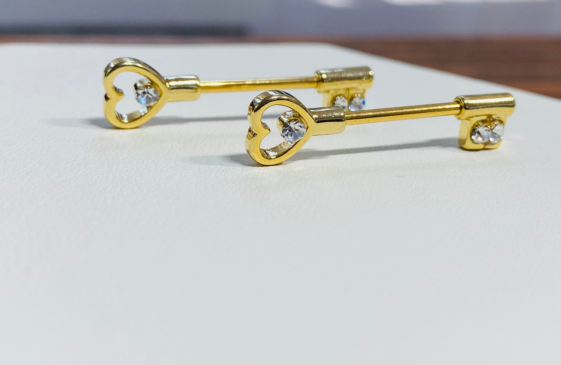 14G Classic Gold Heart & Key Nipple Barbells. Nipple Piercings. Nipple Jewelry. Nipple Rings.