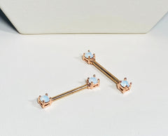 Pair of 14G Rose Gold White Opal Gem Nipple Barbell. Nipple Piercings. Nipple Rings. Nipple Jewelry