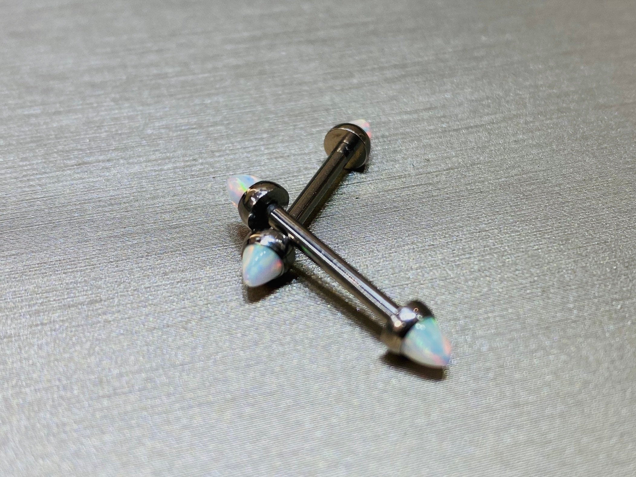 14G Internally Threaded White Opal Ends Nipple Barbell. Nipple Piercings. Nipple Rings. Nipple Jewelry.