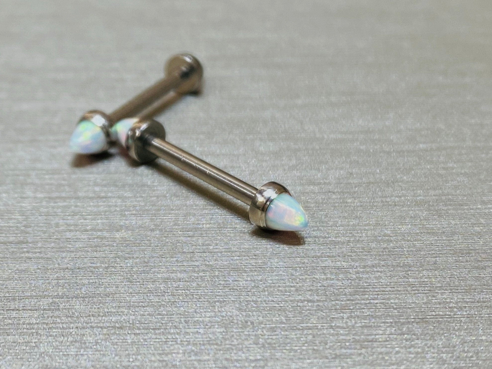 14G Internally Threaded White Opal Ends Nipple Barbell. Nipple Piercings. Nipple Rings. Nipple Jewelry.