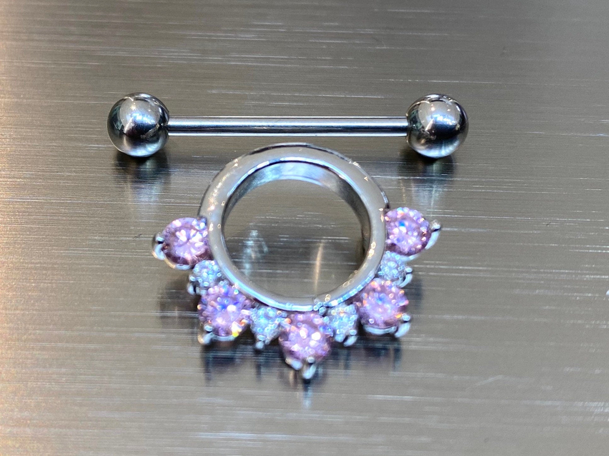 14G Half Circled Pink & Clear Stones Nipple Shield. Nipple Piercings. Nipple Rings. Nipple Jewelry.