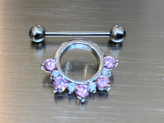 14G Half Circled Pink & Clear Stones Nipple Shield. Nipple Piercings. Nipple Rings. Nipple Jewelry.