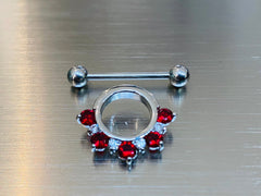 14G Half Circled Red & Clear Stones Nipple Shield. Nipple Piercings. Nipple Rings. Nipple Jewelry