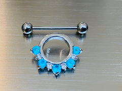 14G Half Circled Aqua & Clear Stones Nipple Shield. Nipple Piercings. Nipple Rings. Nipple Jewelry.