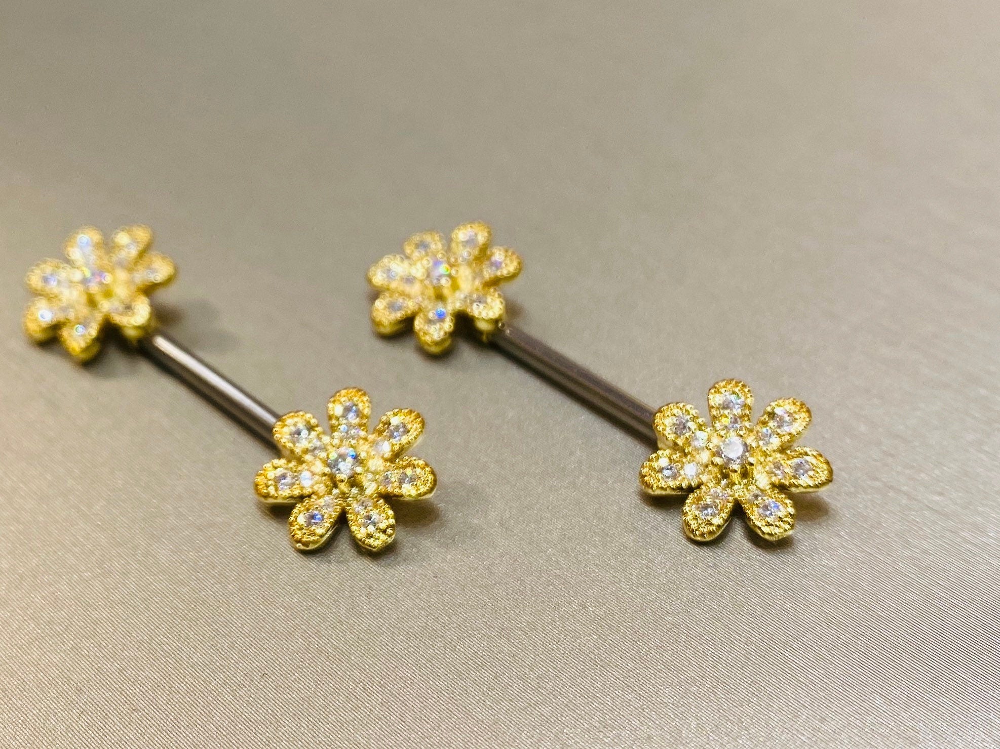 14G Dainty Gold Flower Nipple Barbell. Nipple Piercings. Nipple Rings. Nipple Jewelry