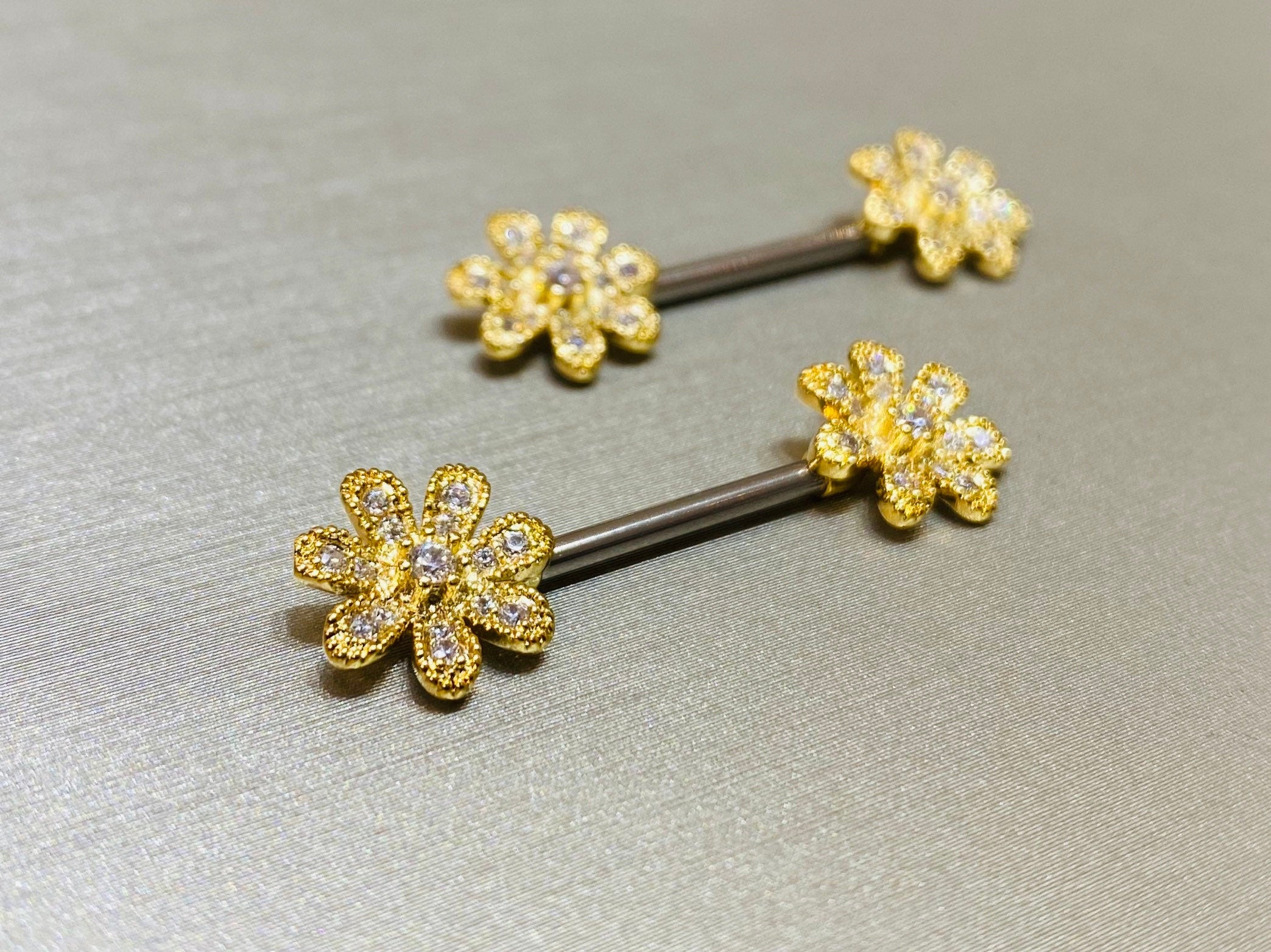 14G Dainty Gold Flower Nipple Barbell. Nipple Piercings. Nipple Rings. Nipple Jewelry