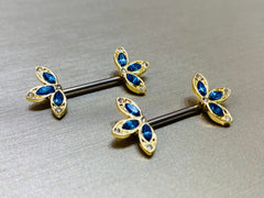 14G Gold Plated Three Petals Flower Nipple Barbell. Nipple Piercings. Nipple Rings. Nipple Jewelry