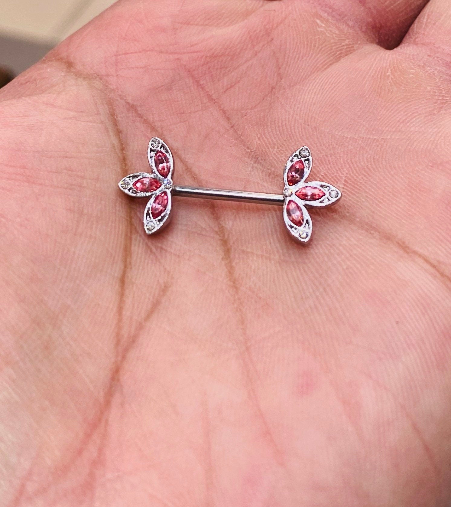 14G Pink Petals Flower Nipple Barbell. Nipple Piercings. Nipple Rings. Nipple Jewelry