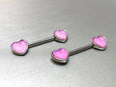 14G Silver Pink Druzy Stones Heart Shape Nipple Barbell. Nipple Piercings. Nipple Rings. Nipple Jewelry.