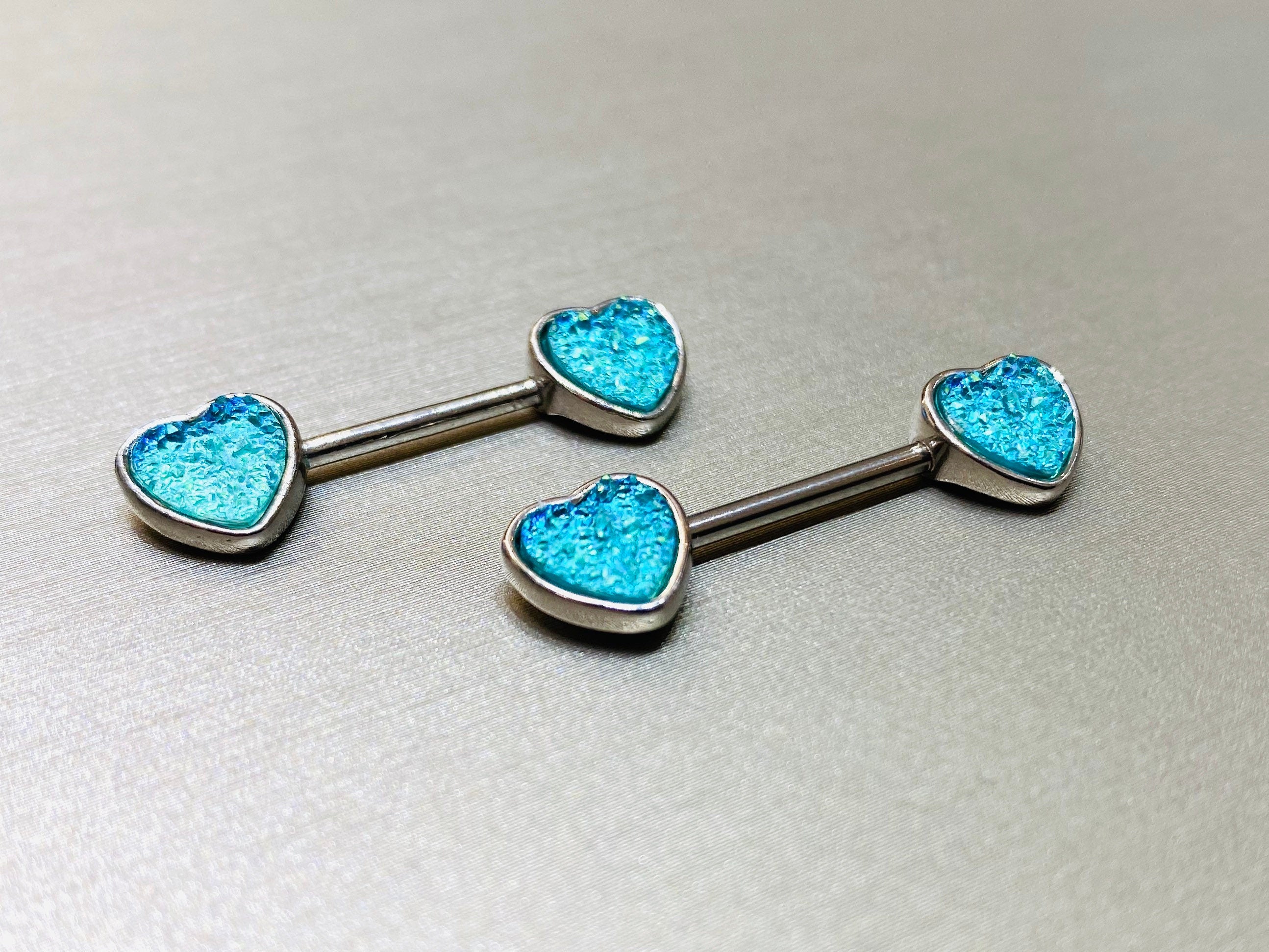 14G Aqua Druzy Stones Heart Shape Nipple Barbell. Nipple Piercings. Nipple Rings. Nipple Jewlery.