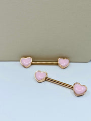 14G Rose Gold True Love Pink Enamel Hearts Nipple Barbells. Nipple Piercings. Nipple Rings. Nipple Jewelry