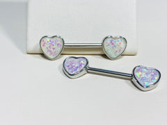 14G White Opal Hearts Nipple Barbells. Nipple Piercings. Nipple Rings. Nipple Jewelry.