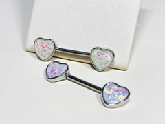 14G White Opal Hearts Nipple Barbells. Nipple Piercings. Nipple Rings. Nipple Jewelry.