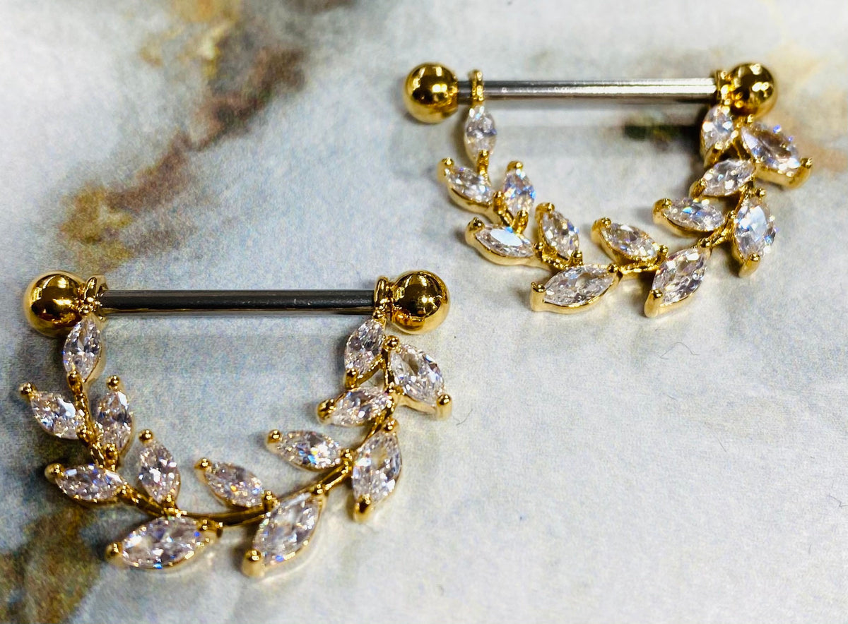 14G Gold Marquise Stones Vine Nipple Barbell. Nipple Piercings. Nipple Jewelry. Nipple Rings