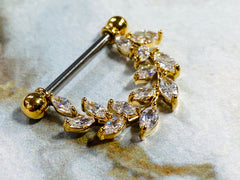 14G Gold Marquise Stones Vine Nipple Barbell. Nipple Piercings. Nipple Jewelry. Nipple Rings