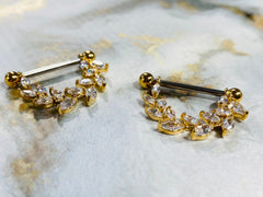 14G Gold Marquise Stones Vine Nipple Barbell. Nipple Piercings. Nipple Jewelry. Nipple Rings