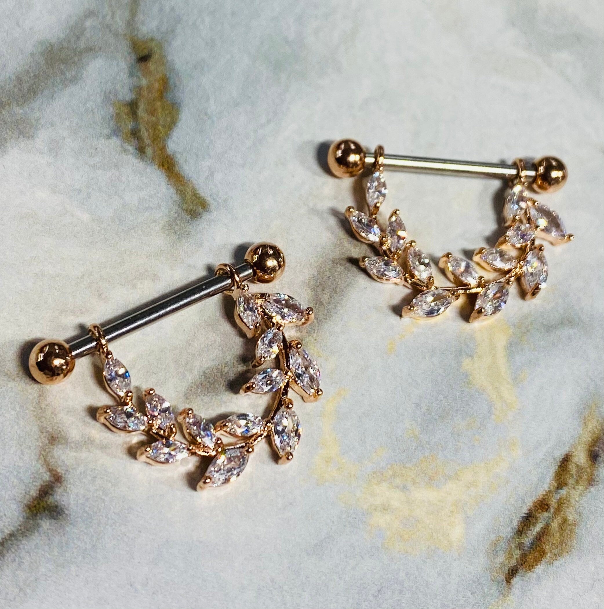 14G Rose Gold Clear Sparkling Marquise Stones Vine Nipple Barbell. Nipple Piercings. Nipple Jewelry. Nipple Rings