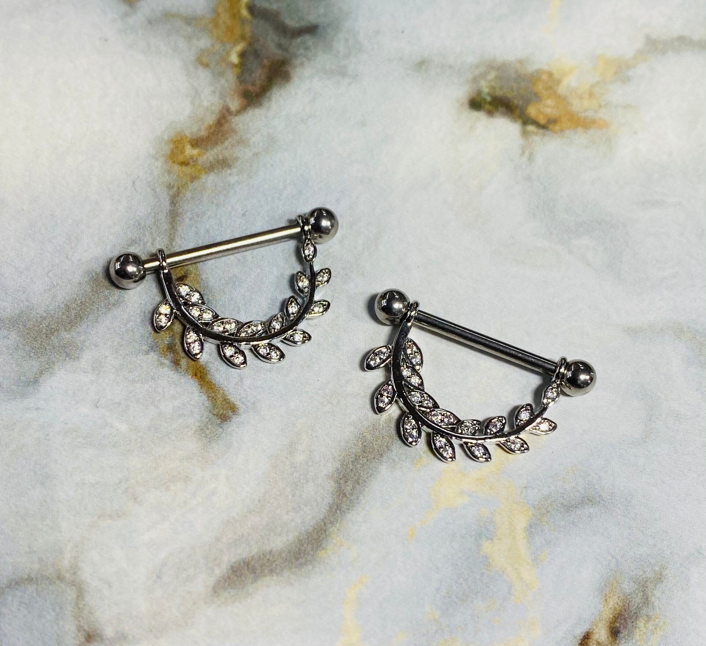 14G Silver Sparkling Paved Stone Hanging Leaves Nipple Barbells. Nipple Piercings. Nipple Jewelry. Nipple Rings.