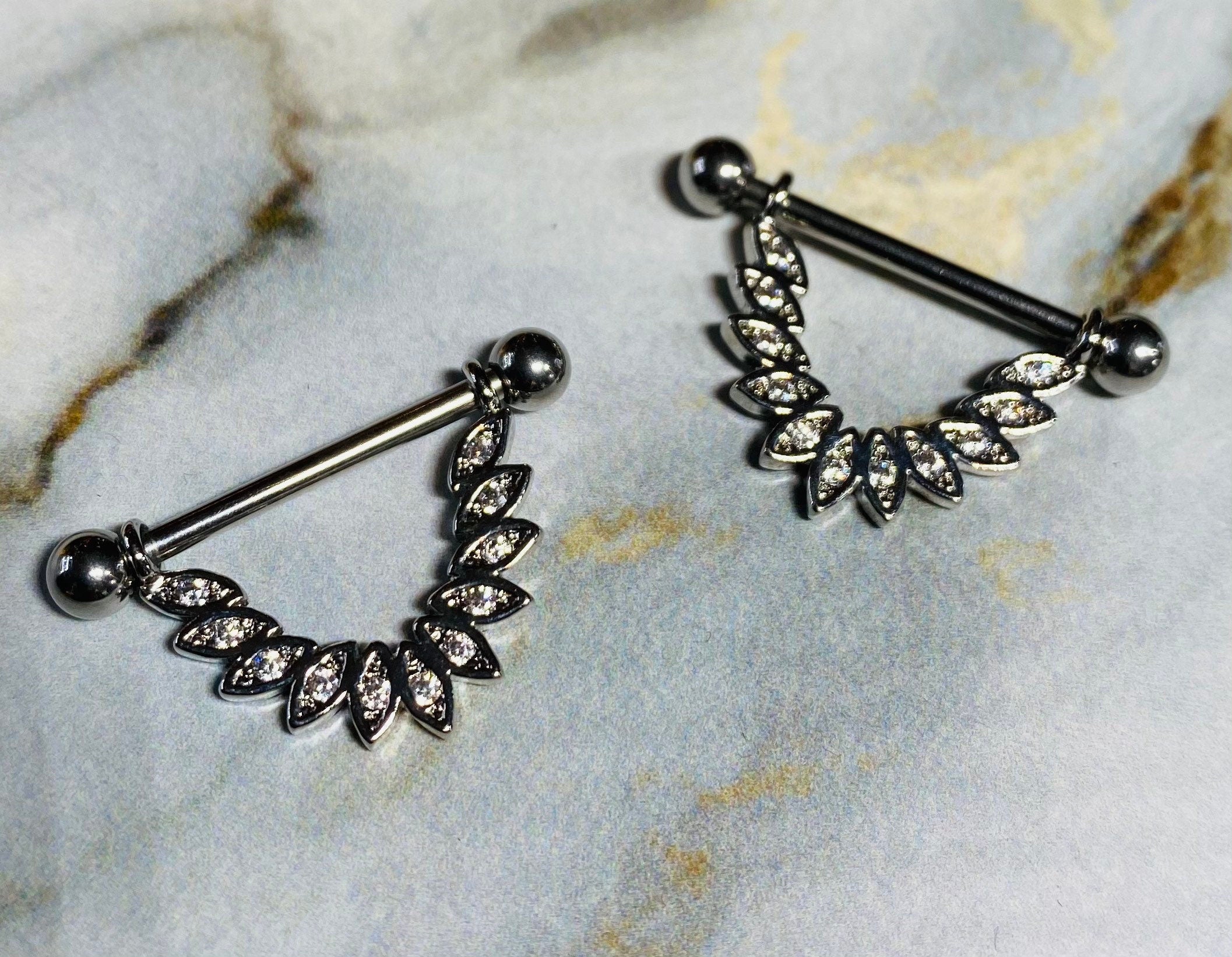 14G Clear Sparkling Stones Linked Dangling Feather Nipple Barbells. Nipple Piercings. Nipple Rings. Nipple Jewelry.