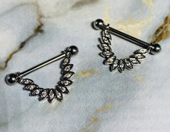 14G Clear Sparkling Stones Linked Dangling Feather Nipple Barbells. Nipple Piercings. Nipple Rings. Nipple Jewelry.