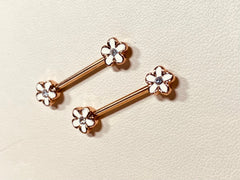 A set of Sparkling Rose Gold Plumeria Petal Flower Nipple Barbells. Nipple Piercings. Nipple Rings. Nipple Jewelry