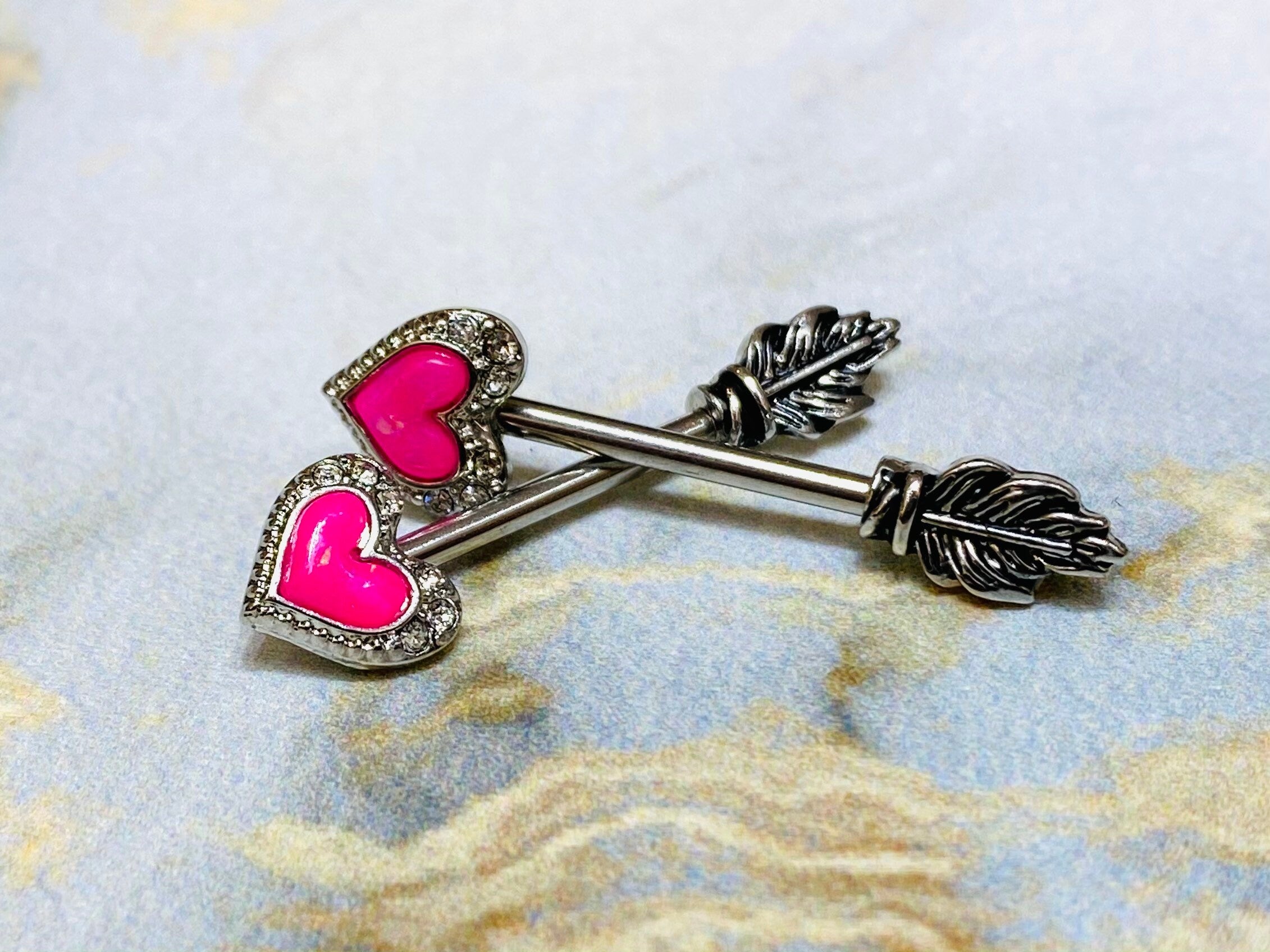 14G Pink Opal Glitter Heart Arrow with Feather End Nipple Barbell. Nipple Piercings. Nipple Rings. Nipple Jewelry