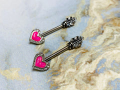 14G Pink Opal Glitter Heart Arrow with Feather End Nipple Barbell. Nipple Piercings. Nipple Rings. Nipple Jewelry