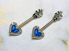 14G Blue Opal Glitter Heart Arrow with Feather End Nipple Barbell. Nipple Piercings. Nipple Rings. Nipple Jewelry