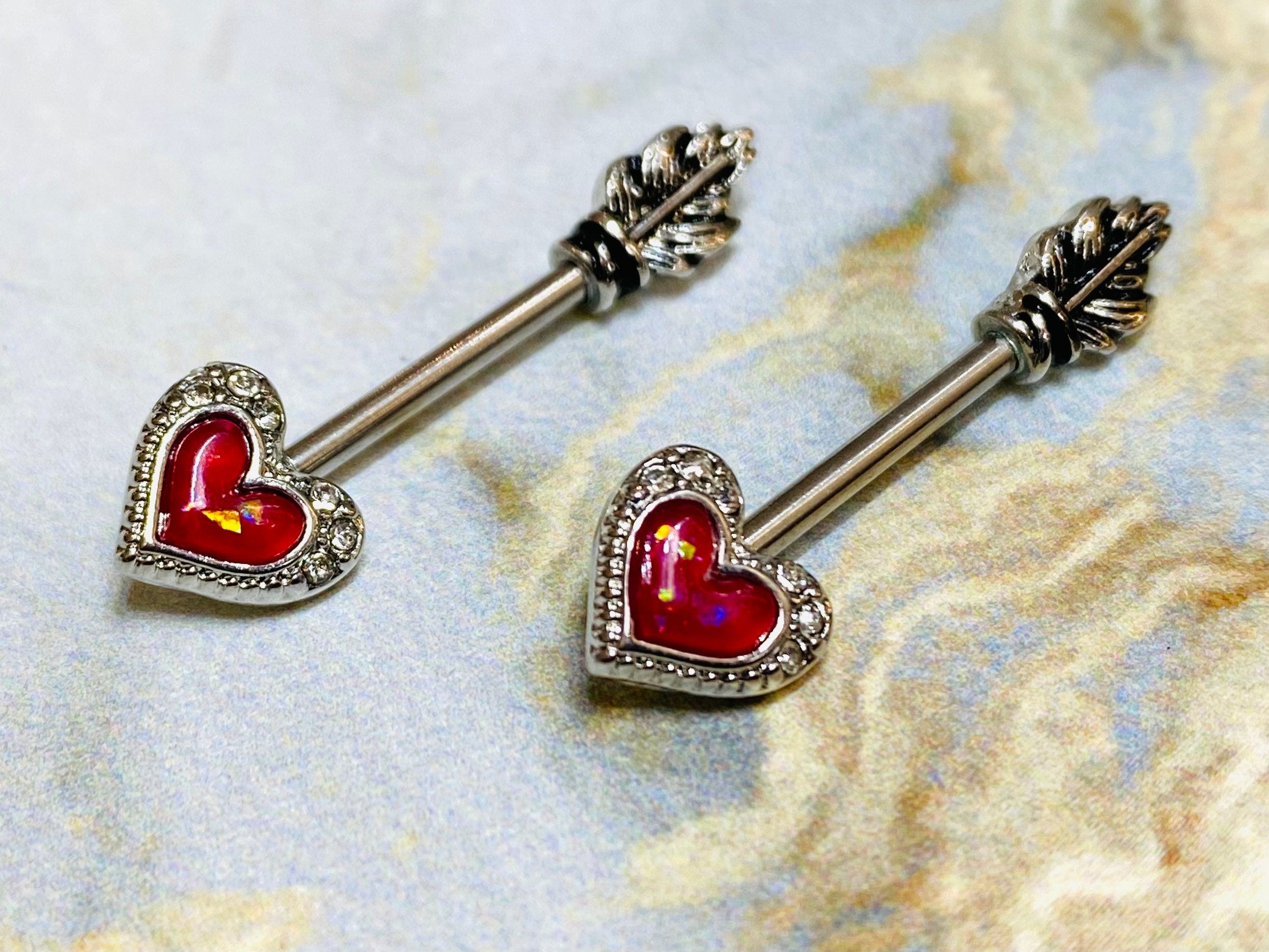 14G Red Opal Glitter Heart Arrow with Feather End Nipple Barbell. Nipple Piercings. Nipple Rings. Nipple Jewelry