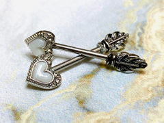 14G White Opal Glitter Heart Arrow with Feather End Nipple Barbell. Nipple Piercings. Nipple Rings. Nipple Jewelry