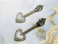 14G White Opal Glitter Heart Arrow with Feather End Nipple Barbell. Nipple Piercings. Nipple Rings. Nipple Jewelry