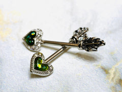 14G Dark Green Opal Glitter Heart Arrow with Feather End Nipple Barbell. Nipple Piercings. Nipple Rings. Nipple Jewelry