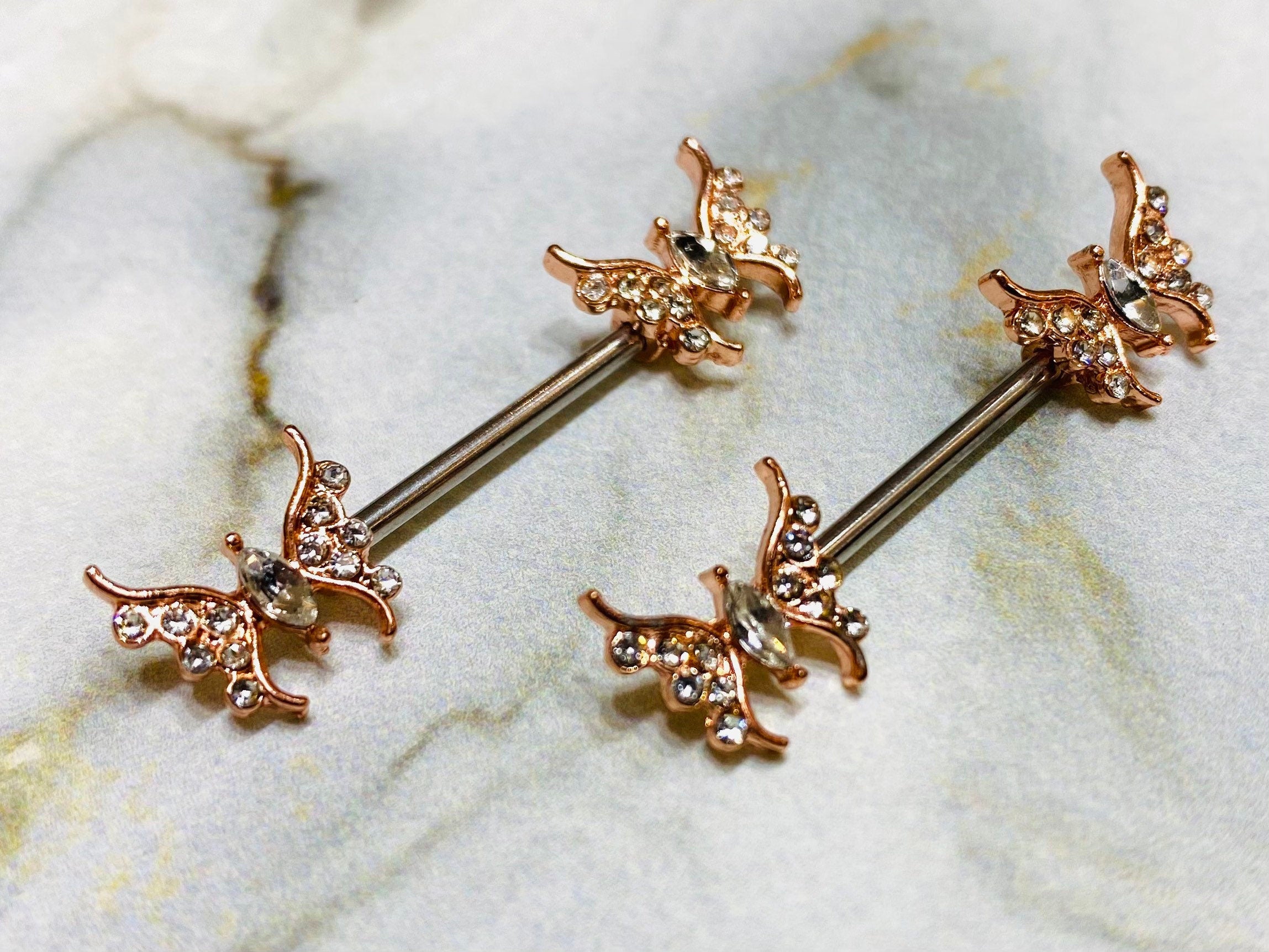 14G Rose Gold Butterfly with Marquise Center Stone Nipple Barbells. Nipple Piercings. Nipple Rings. Nipple Jewelry