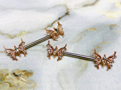 14G Rose Gold Butterfly with Marquise Center Stone Nipple Barbells. Nipple Piercings. Nipple Rings. Nipple Jewelry