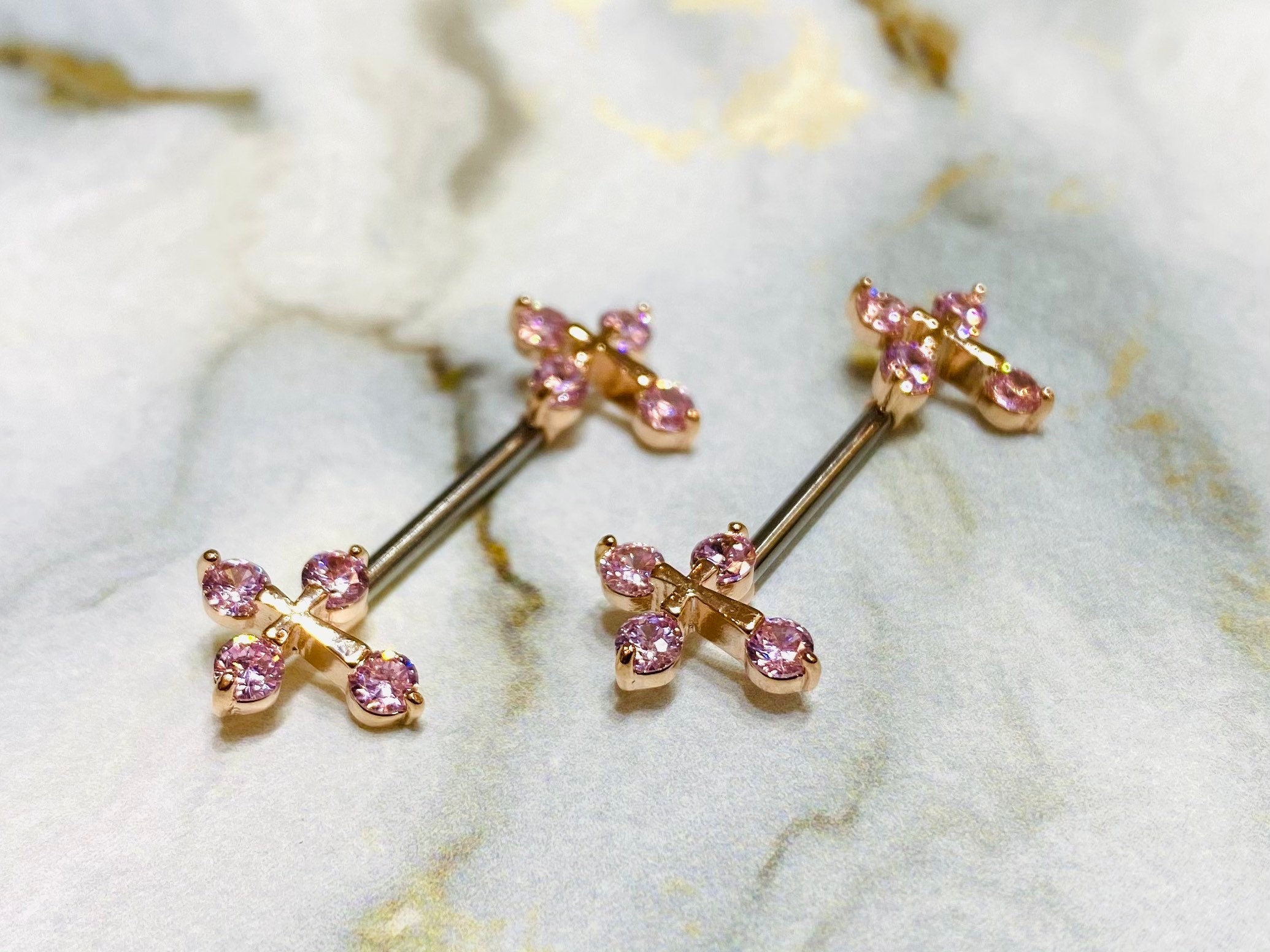 14G Rose Gold & Pink Sparkling Stones Cross Ends Nipple Barbells. Nipple Piercings. Nipple Rings. Nipple Jewelry