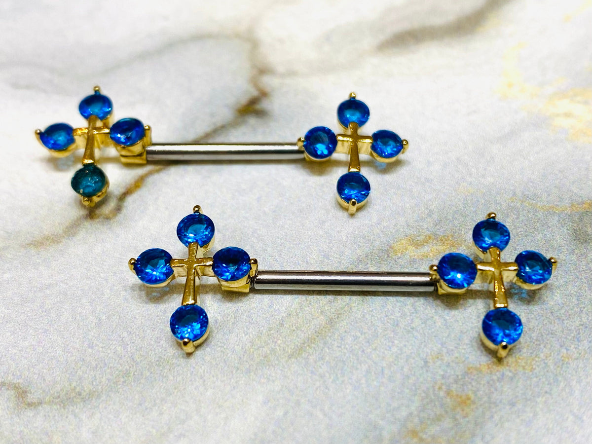 14G Gold & Blue Sparkling Stones Cross Ends Nipple Barbells. Nipple Piercings. Nipple Rings. Nipple Jewelry