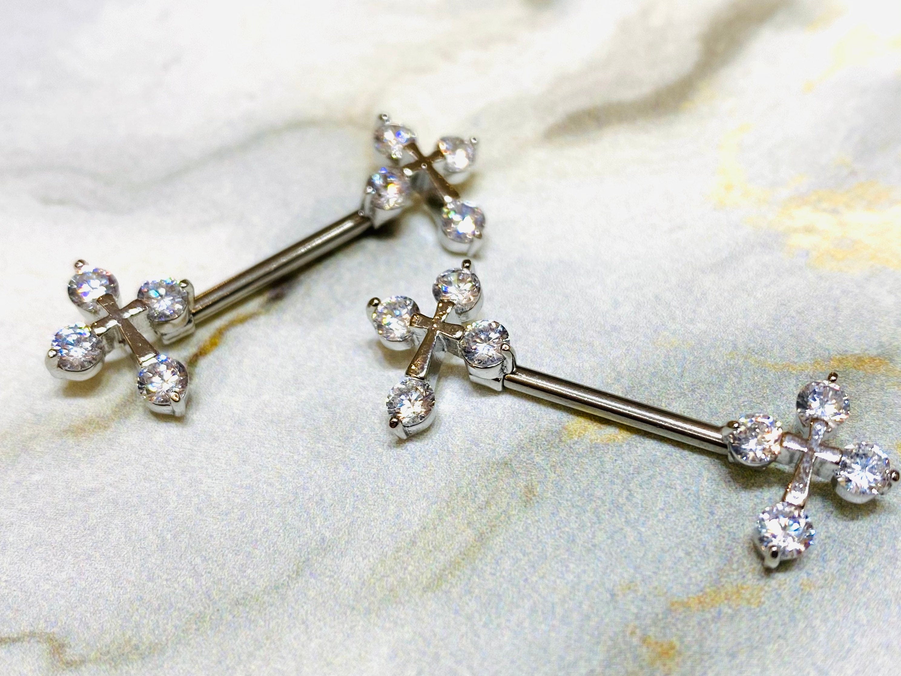 14G Clear Sparkling Stones Cross Ends Nipple Barbells. Nipple Piercings. Nipple Rings. Nipple Jewelry