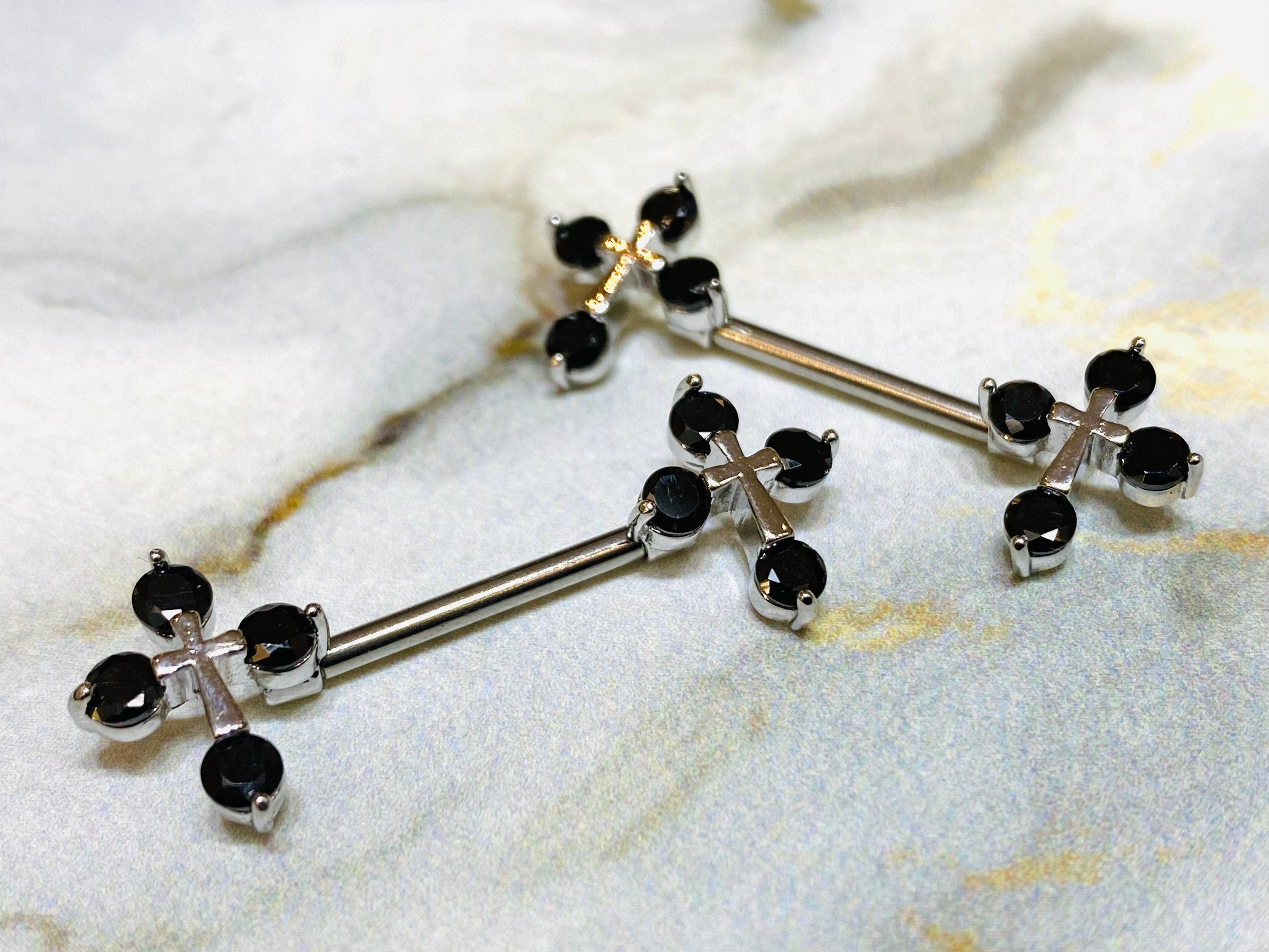 14G Black Sparkling Stones Cross Ends Nipple Barbells. Nipple Piercings. Nipple Rings. Nipple Jewelry