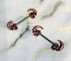 14G Rose Gold Clear Stone Crescent Moon with Blue Stars Nipple Barbells. Nipple Piercings. Nipple Rings. Nipple Jewelry