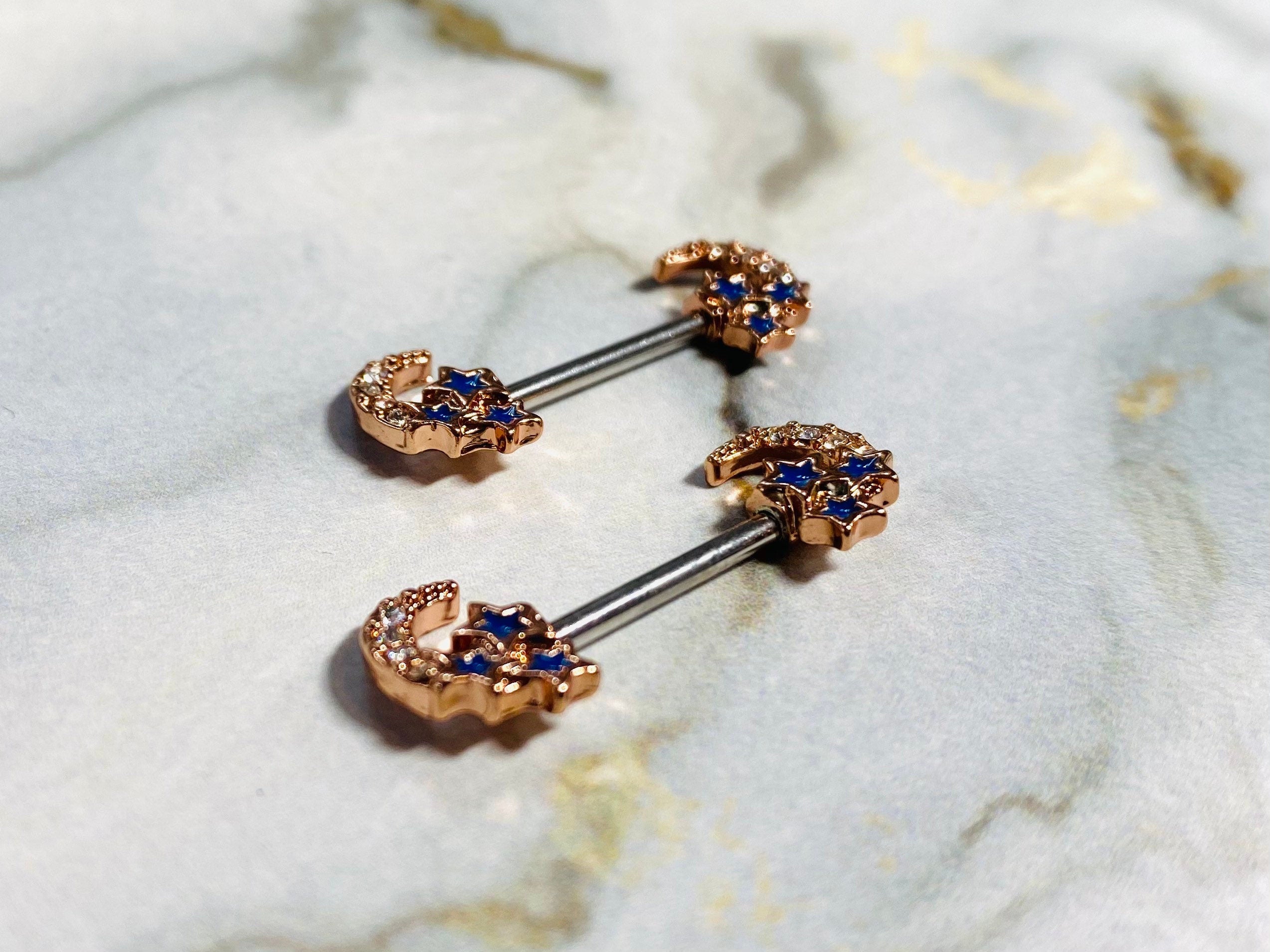 14G Rose Gold Clear Stone Crescent Moon with Blue Stars Nipple Barbells. Nipple Piercings. Nipple Rings. Nipple Jewelry