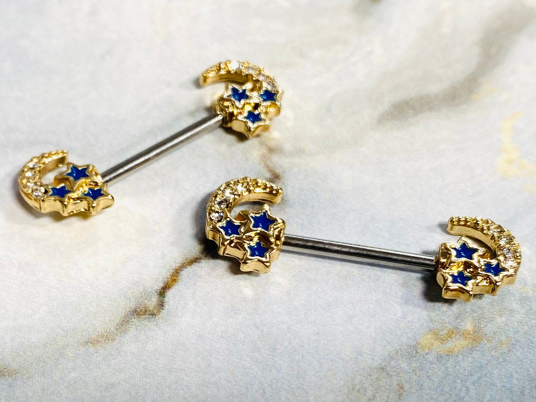 14G Gold Clear Stone Crescent Moon with Blue Stars Nipple Barbells. Nipple Piercings. Nipple Rings. Nipple Jewelry