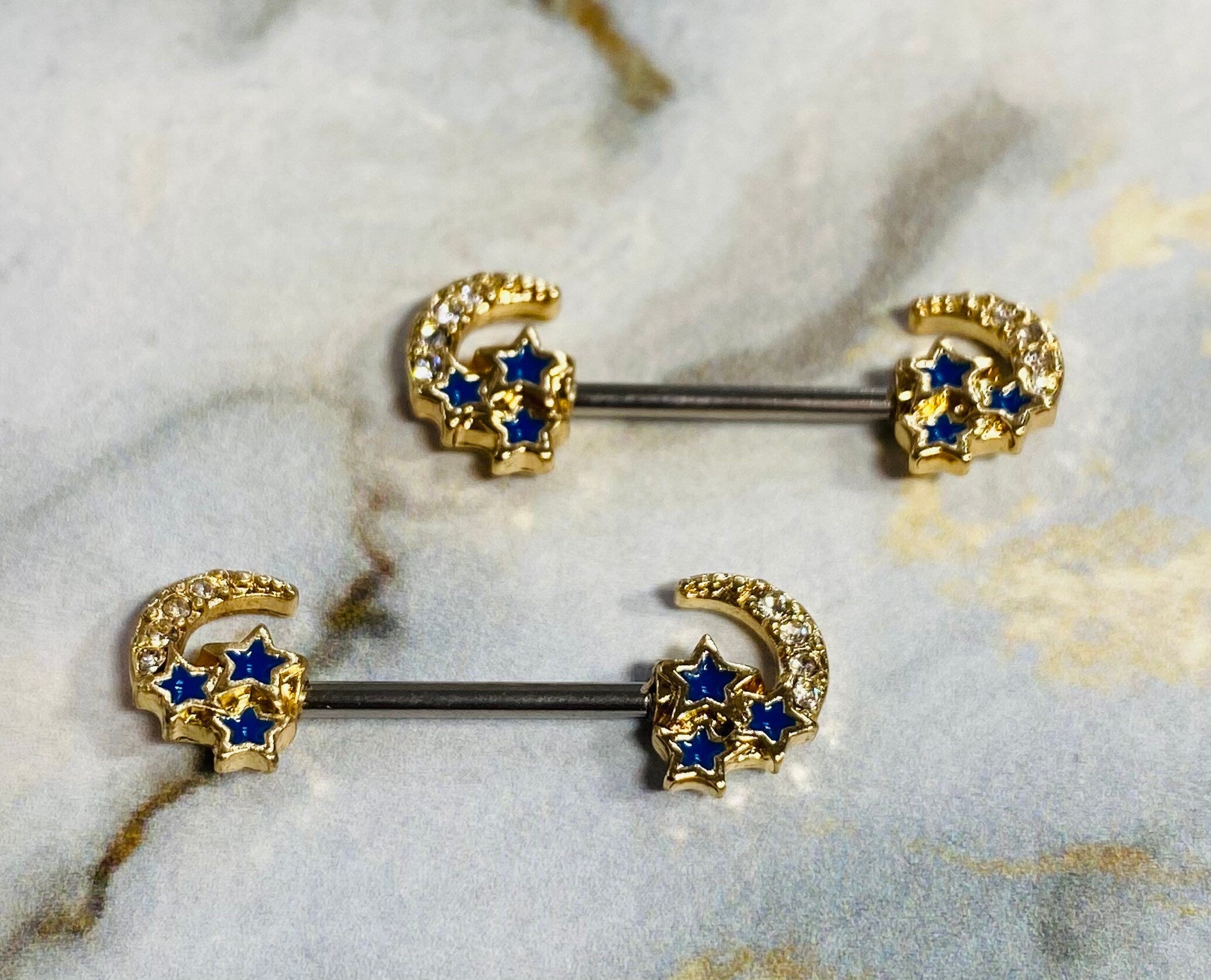 14G Gold Clear Stone Crescent Moon with Blue Stars Nipple Barbells. Nipple Piercings. Nipple Rings. Nipple Jewelry