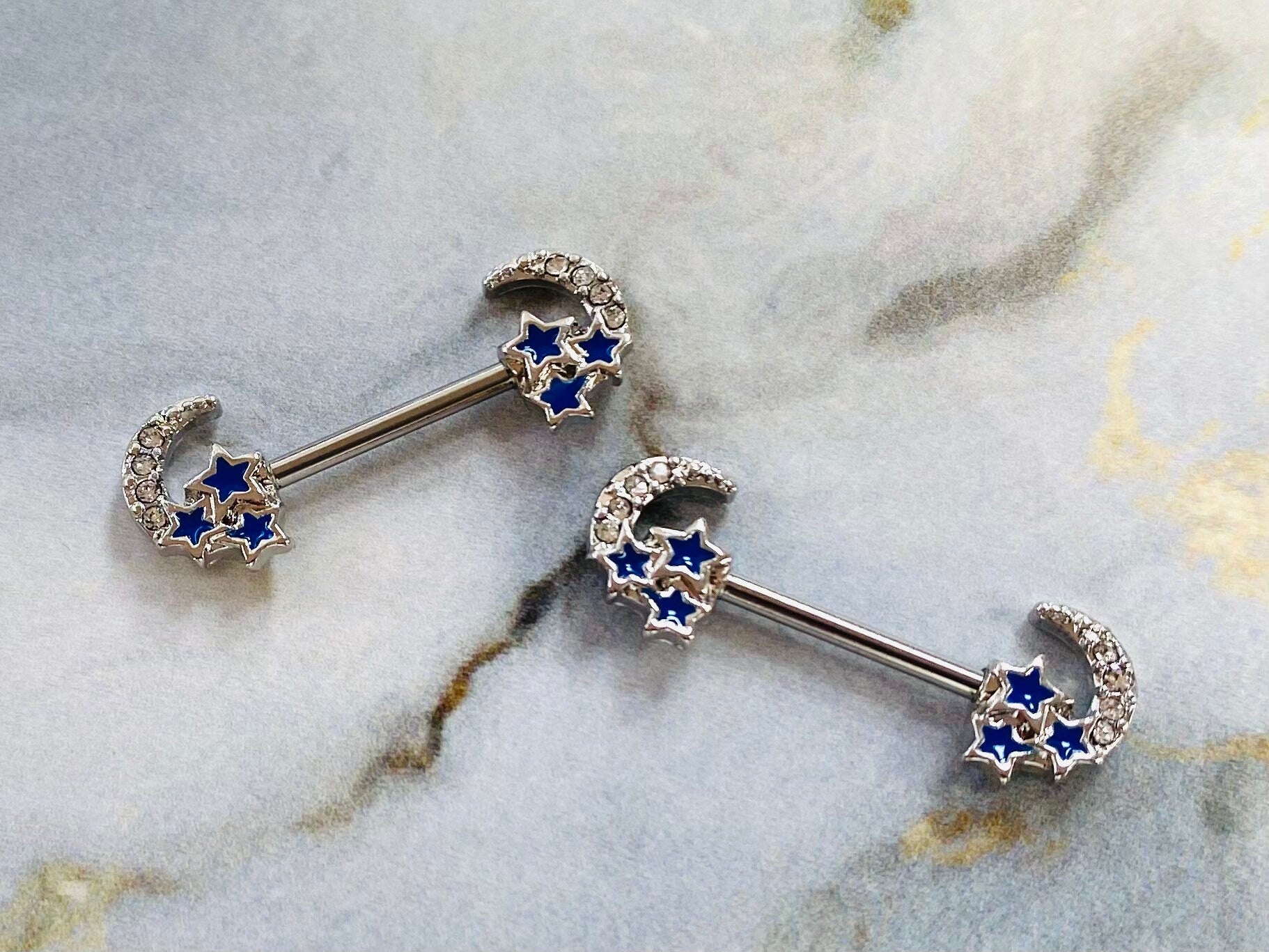 14G Silver Clear Stone Crescent Moon with Blue Stars Nipple Barbells. Nipple Piercings. Nipple Rings. Nipple Jewelry