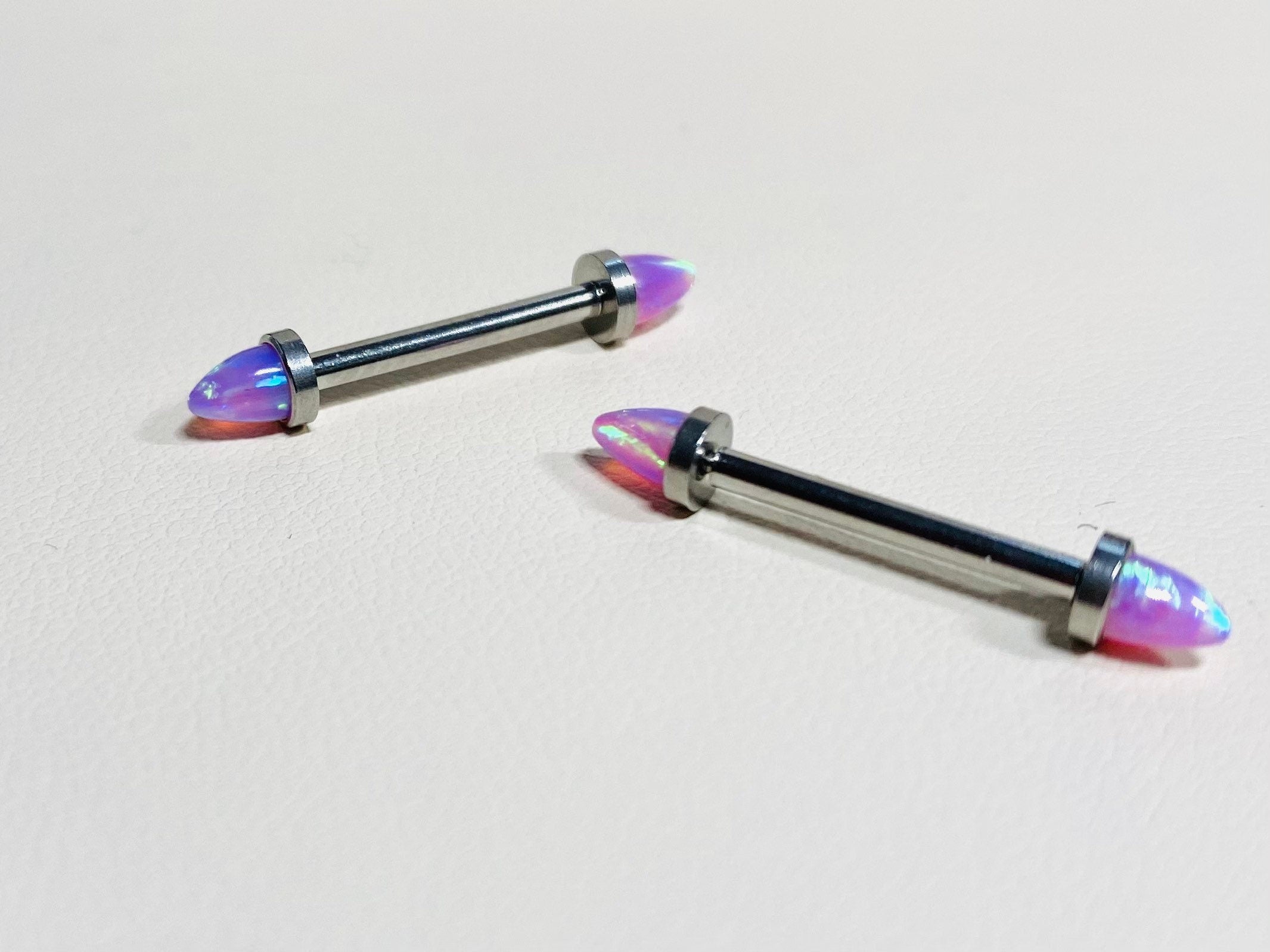 14G Internally Threaded Silver Pink Opal Nipple Barbells. Nipple Piercings. Nipple Rings. Nipple Jewelry